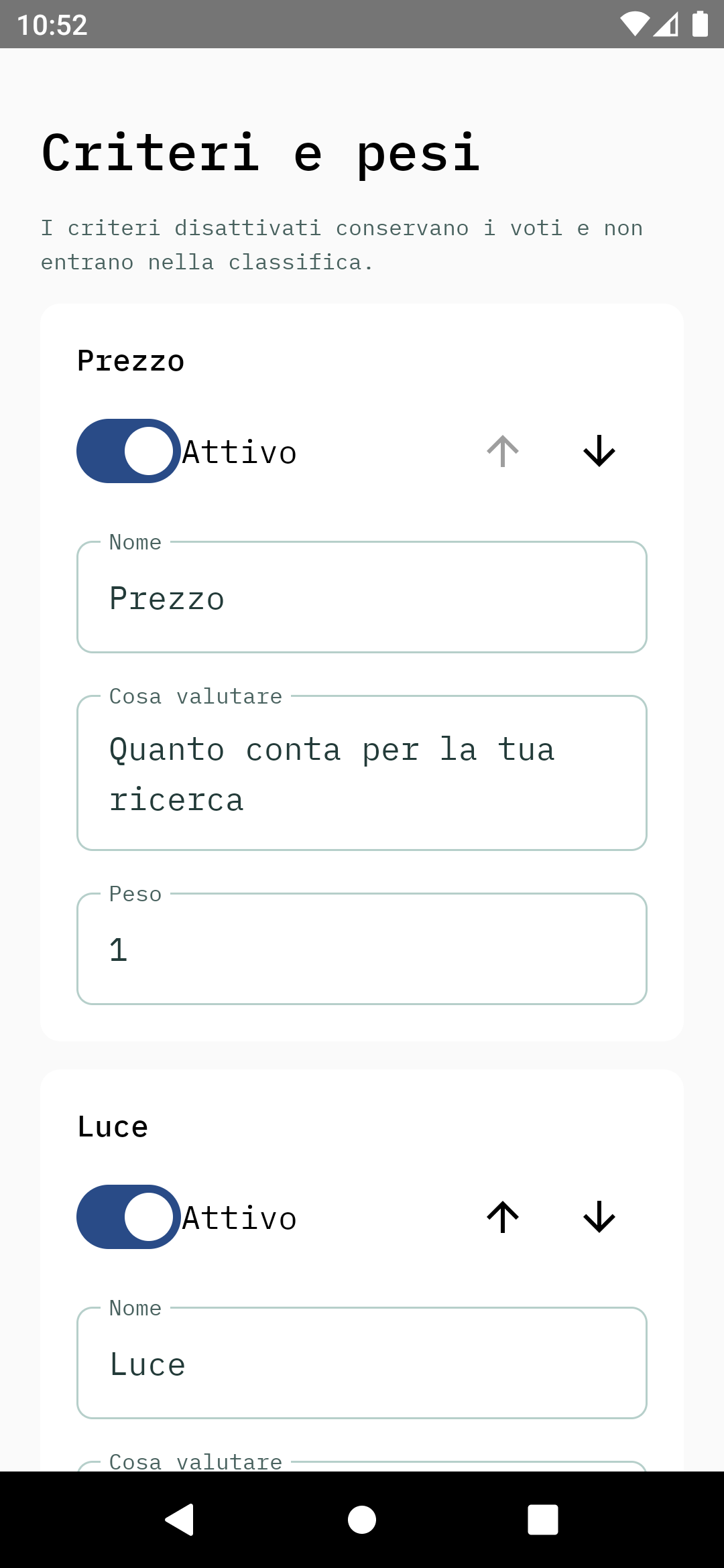 App Android Spazio: impostazioni native dei criteri e dei pesi della ricerca