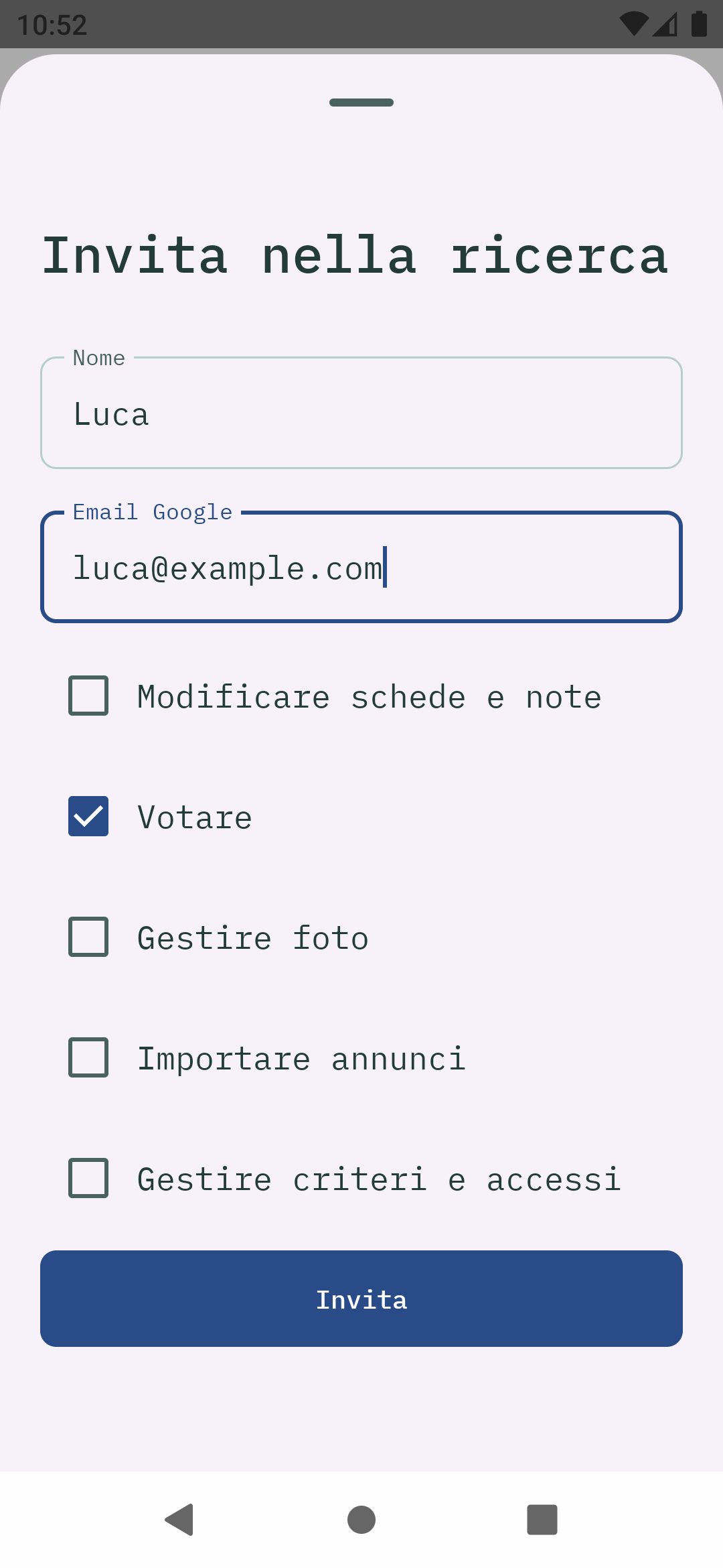 App Android Spazio: invito di Luca con email dimostrativa e permesso Votare selezionato