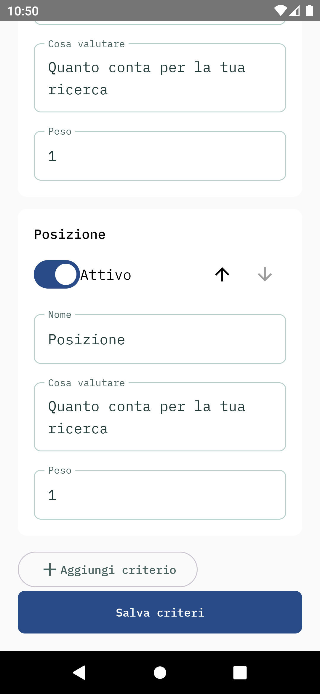 App Android Spazio: pulsante Salva criteri in fondo alla schermata