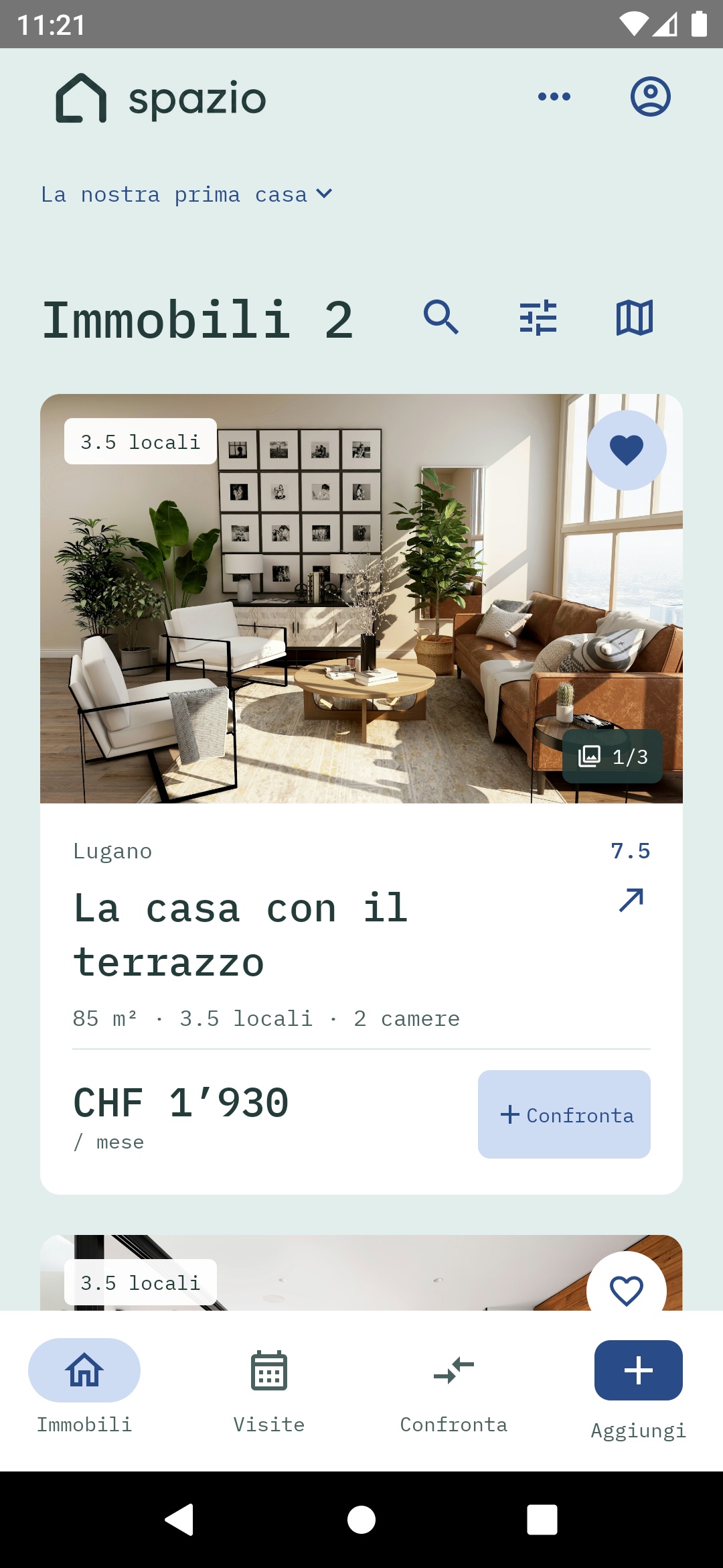 App Android Spazio: liste des biens avec favoris et comparaison