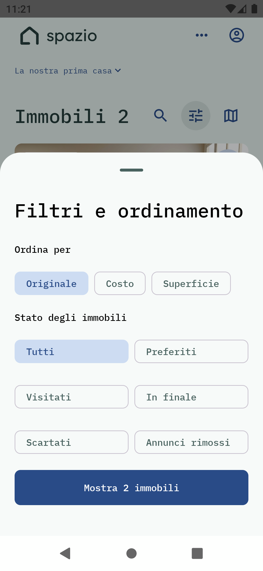 App Android Spazio: filtres et tri des biens