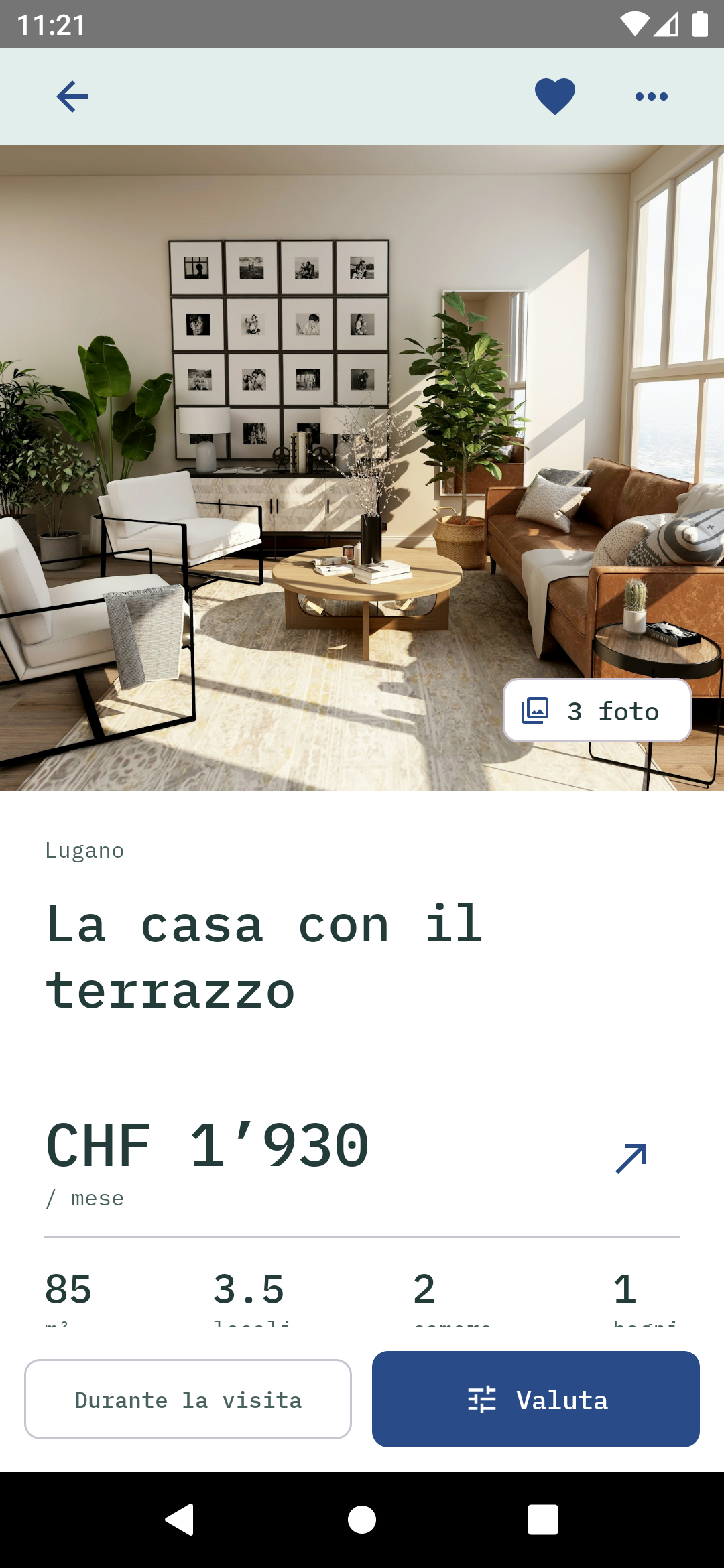 App Android Spazio: fiche de démonstration avec photos et coût mensuel