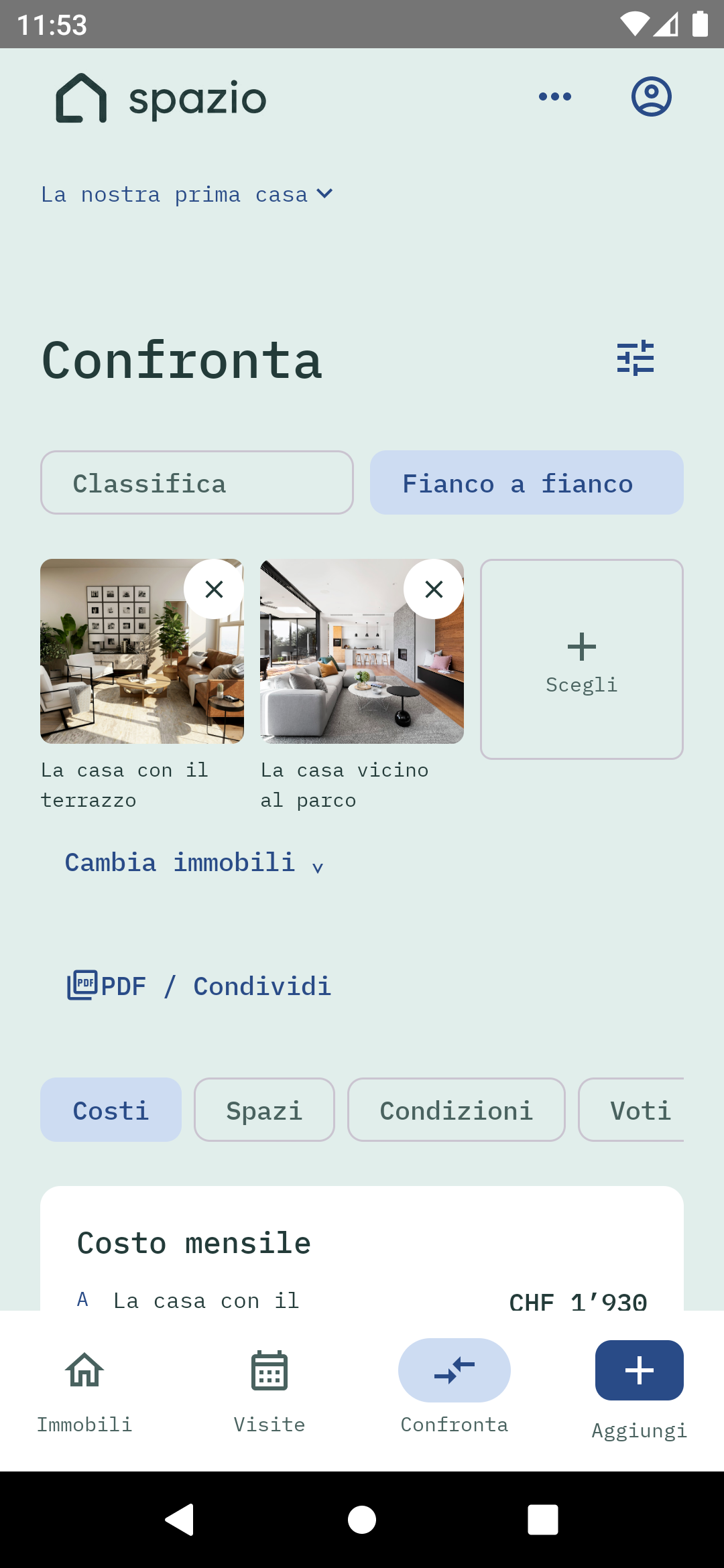 App Android Spazio: comparaison côte à côte de deux biens de démonstration