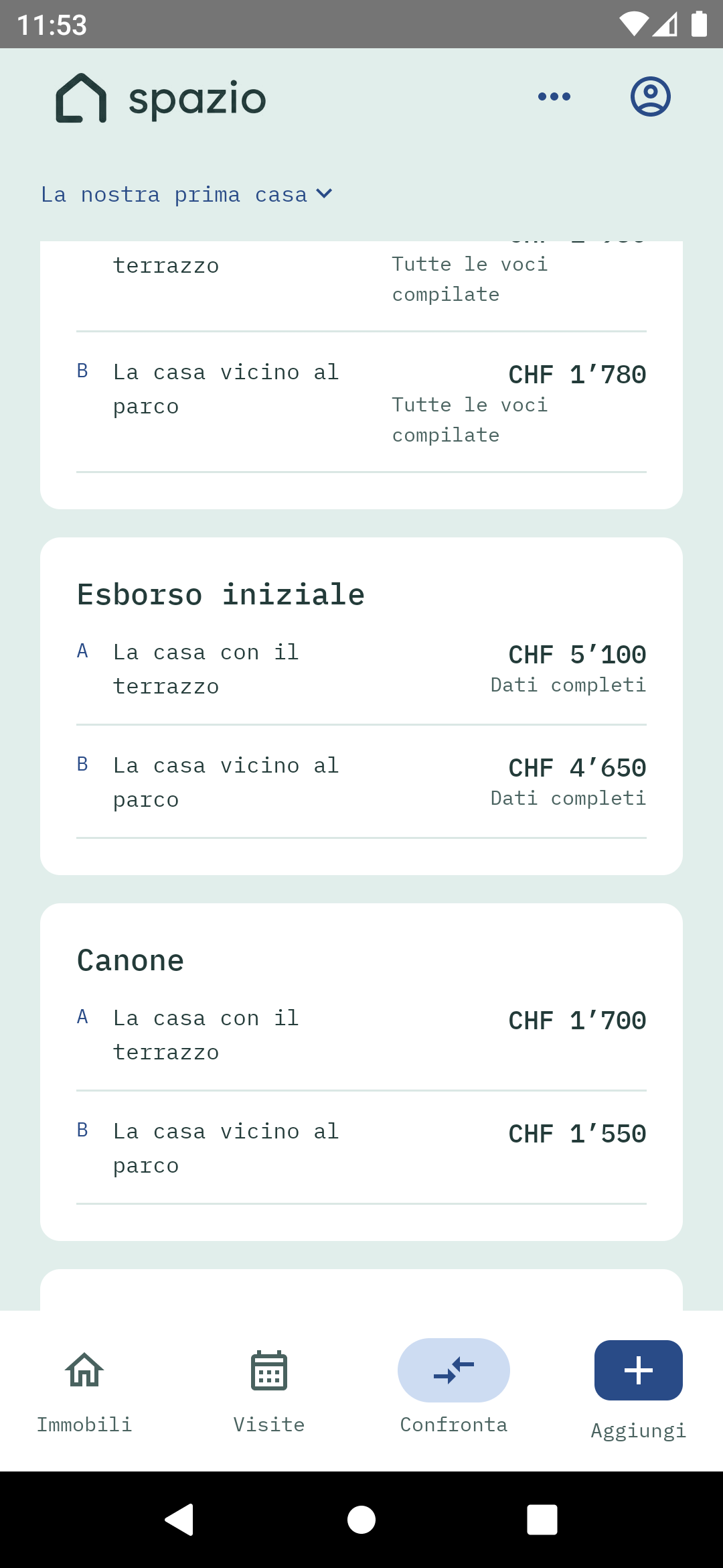 App Android Spazio: comparaison des coûts de deux biens de démonstration