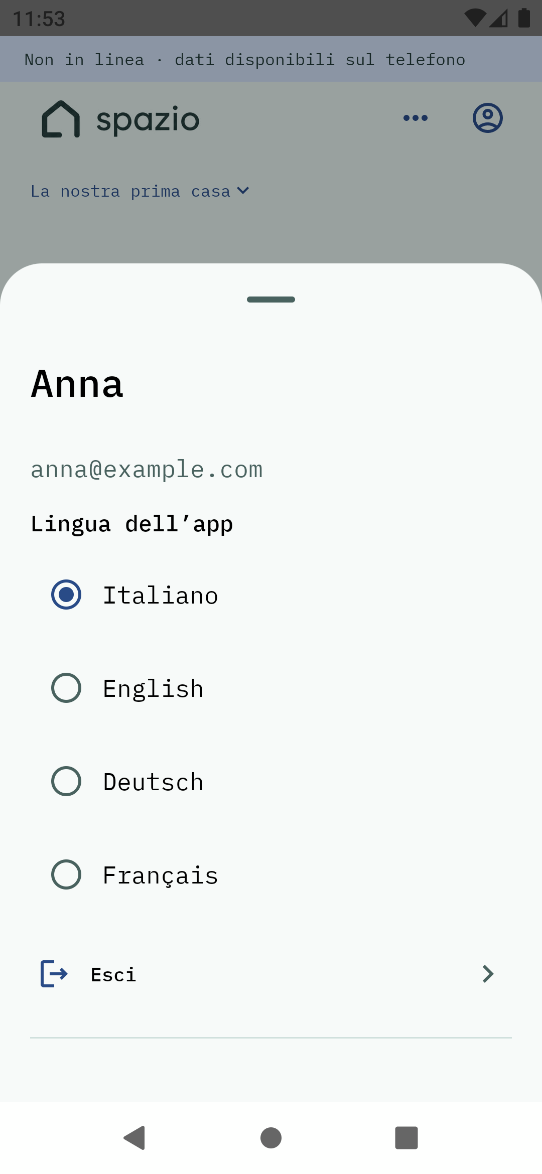 App Android Spazio: menu du compte et sélection de la langue