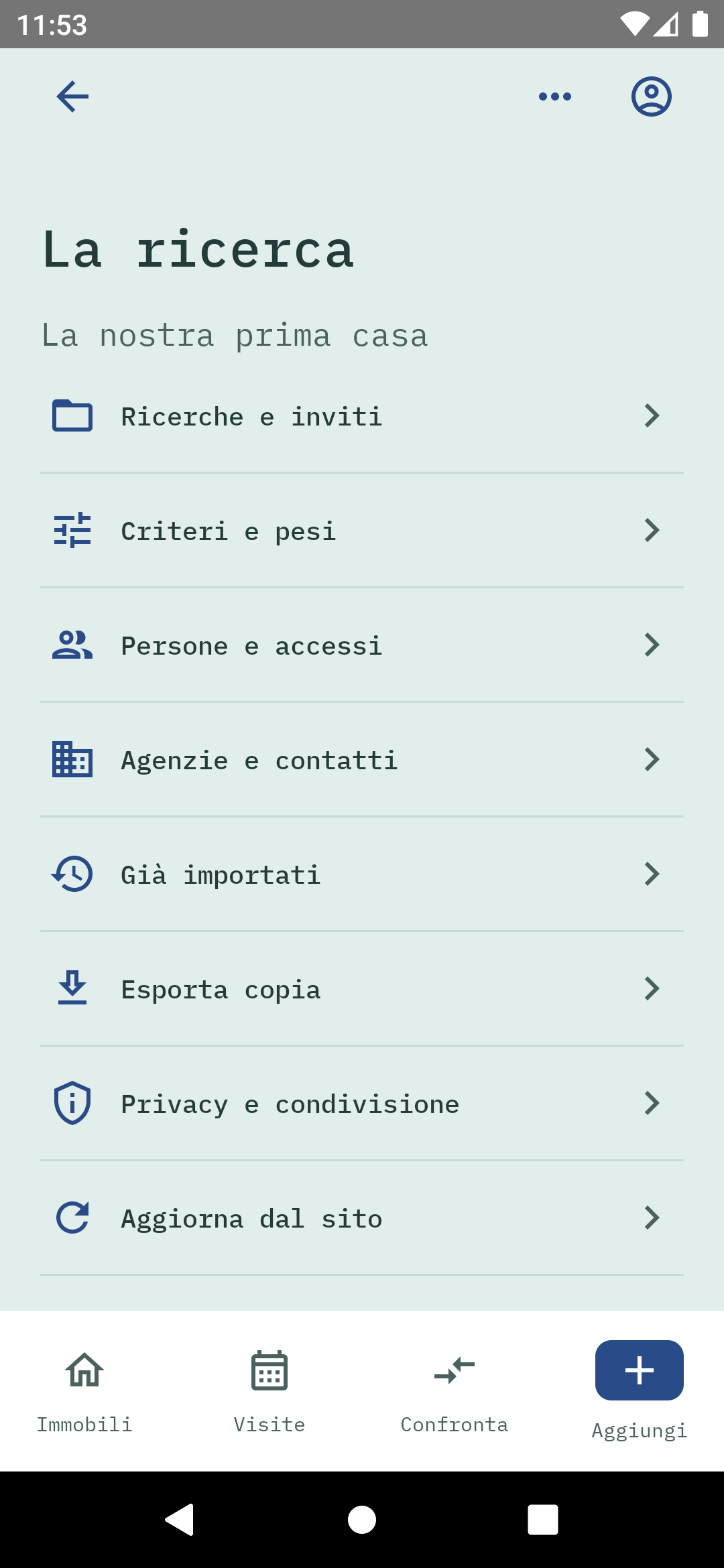 App Android Spazio: menu des paramètres de recherche
